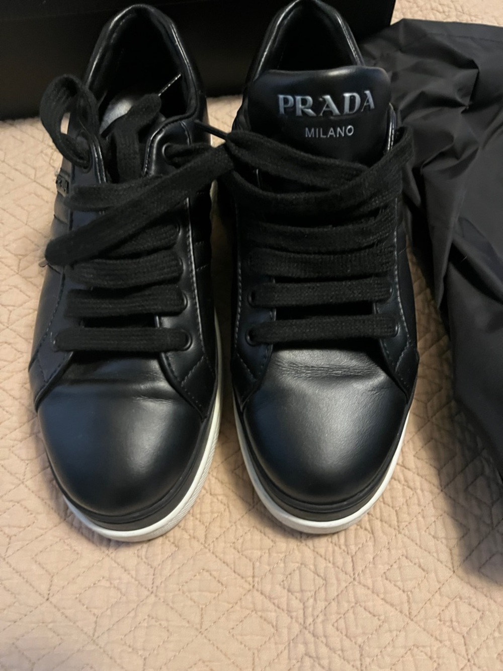 Prada Black Leather Low-Top Sneakers with White Trim